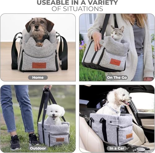 Center Console Dog Car Seat for Small Dogs and Puppies 5-13Lbs, Ideal Armrest Booster Car Travel Seat with Safety Protection Seat Belts, Storage Pockets - Reduces Anxiety (Woven - Grey) - Image 4