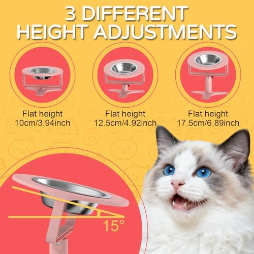 Raised Cat Bowls with Height-Adjustable Stand 15° Tilted Cat Food Bowls Non-Slip Feeder Adjusts to 2.4", 4.02",5.98" with Stainless Steel Bowls Whisker Friendly for Cats and Puppy (Pink) - Image 2