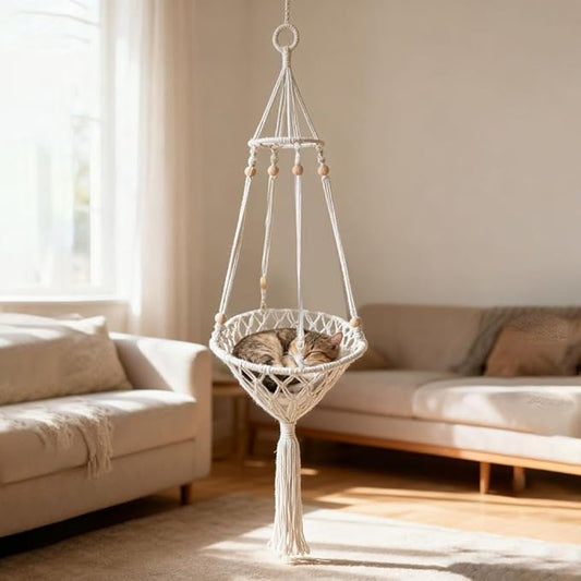 Cat Hammock Bed, 12x43Inch Handwoven Hanging Boho Cat Bed with Hanging Kit for Indoor Outdoor Home Decor Ceiling Swing for Playing Sleeping Climbing and Lounging, Wall Furniture (Triangle)