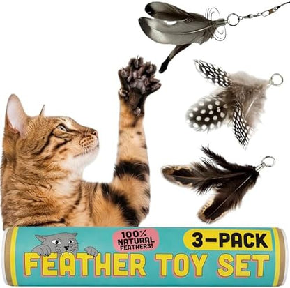 Cat Feather Toy Refill 3-Pack, Natural Feather Cat Toys for Kittens & Bored Indoor Cats, Small Cat Wand Attachments, Feather Replacement for Forever Stick Cat Wand, Cat Wand Refill by Repounce