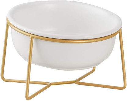 White Small Ceramic Tilted Elevated Cat Dog Bowl Raised Cat Food Water Bowl Dish Pet Comfort Feeding Bowls with Gold Iron Stand
