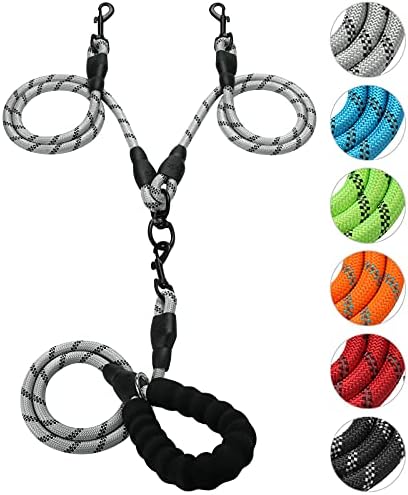 Double Dog Leash Reflective Detachable Coupler &360° Swivel Tangle Free, Heavy Duty Rope Leash Control with Padded Handle for Dual Large Medium Dogs Walking Running Training (Silver) by Gokotta