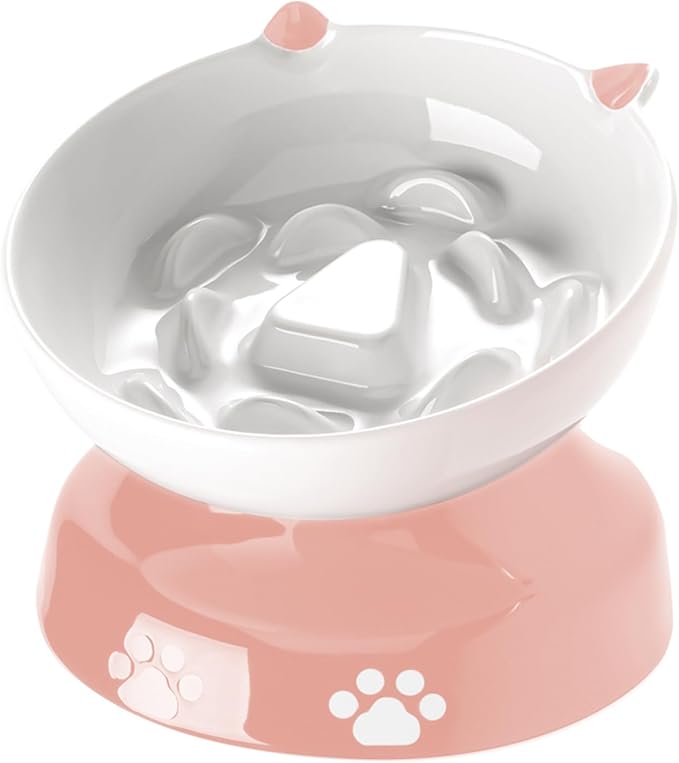 Y YHY Ceramic Slow Feeder Cat Bowl, Elevated Cat Bowl Tilted Design Slow Feeder for Dog and Cat for Dry and Wet Food, Pink