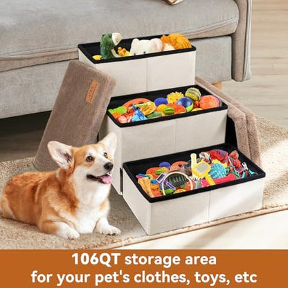 Zerbuger Dog Stairs with Storage Khaki Furry Lids 3 Steps Dog Ramp no Condo - Image 6