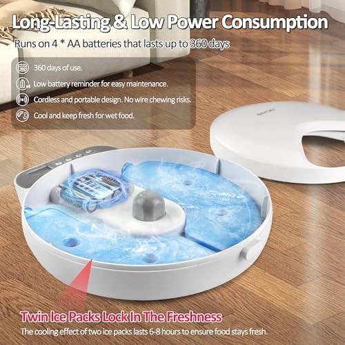 Automatic Cat Feeder Wet Food, Battery Operated Auto Feeder 4 Meals with 2 Ice Packs, Digital Cordless Pet Fresh Food Bowl for Cats Small Dogs with Programmable 12H/24H Format Timer-(Battery Included) - Image 3