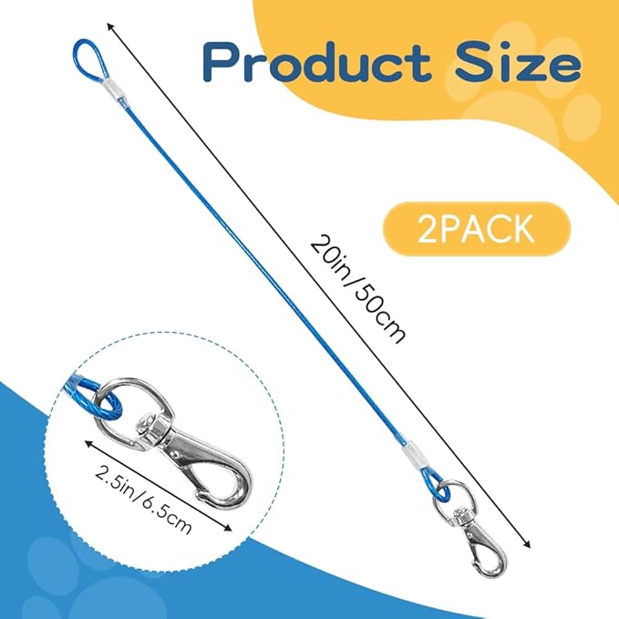 Chew Proof Dog Leash - 2Pack Metal Cable Lead,No Tangle Multiple Dog Leashes for Small and Medium Dogs- Heavy Duty Leash Extender for Collars & Harnesses(Black+Blue, 20in/50cm)