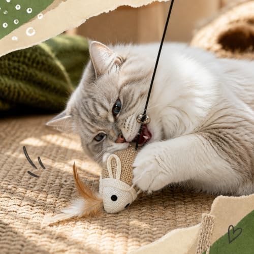 Cat Kitten Teaser Wand Toys, Sisal with Mouse, Bell, Feather, Elastic String, Sturdy Wood Stick, Interactive Fun, Cat Catcher Mice for Pet, Set of 3 - Image 4