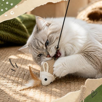 Cat Kitten Teaser Wand Toys, Sisal with Mouse, Bell, Feather, Elastic String, Sturdy Wood Stick, Interactive Fun, Cat Catcher Mice for Pet, Set of 3 - Image 4