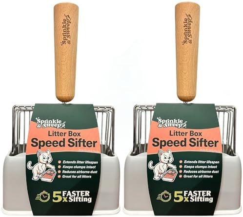 Sprinkle & Sweep: Litter Box Speed Sifter- 2 Pack - Metal Scoop, Comfortable Wood Grip, Washable Stand, Efficient Cleaning, Cat & Pet Maintenance by SprinkleSweep