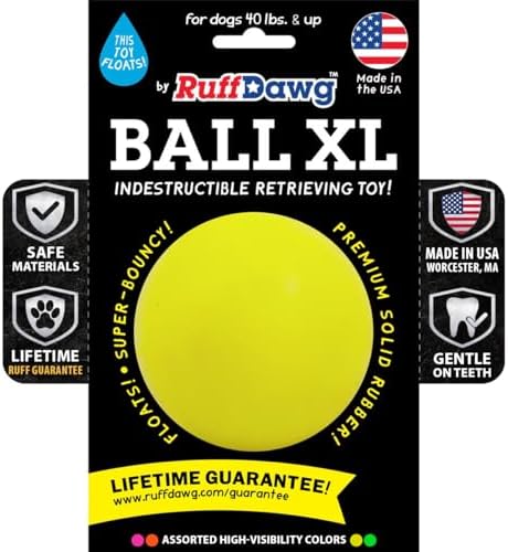 Ruff Dawg Indestructible Dog Ball XL 3.5” Yellow – Heavy-Duty Rubber Fetch Toy for Aggressive Chewers – Extreme Bounce, Floats, BPA & Latex Free – Made in USA by RuffDawgDogToys