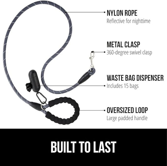 GORILLA GRIP Dog Leash, Heavy Duty Reflective Rope Leashes for Large, Medium, Small Breed Dogs, Puppy Training Essential for Walks, Hikes, Soft Handle, Rotating Metal Clip, Waste Bag Dispenser, Gray