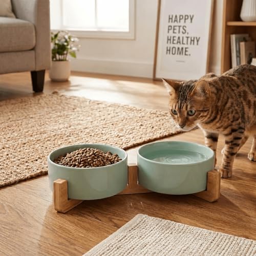 SPUNKYJUNKY Ceramic Dog and Cat Bowl Set with Wooden Stand, Modern Cute Weighted Food Water Set for Small Size Dogs (13.5OZ) & Medium Sized Dogs (28.7OZ) & Cats (1.7 Cups, 2 × Morandi Green) - Image 7