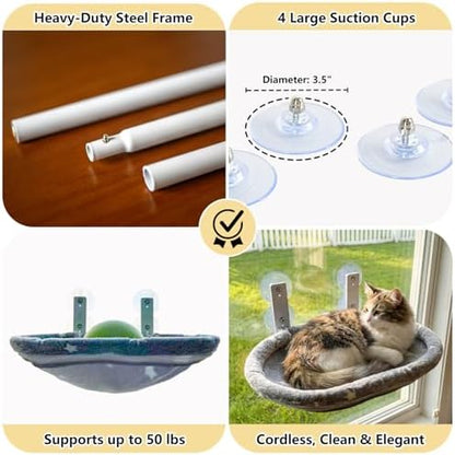 Cat Window Perch Hammock - Glow in the Dark Cordless Foldable Pet Bed with Sturdy Metal Frame & Strong Suction Cups, Star Print Resting Seat for Indoor Cats with Removable Washable Cover - Image 6
