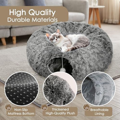 Cat Tunnel Bed for Indoor Cats, Peekaboo Cat Cave with Washable Soft Play Mat, Furry Cat Tube, for Kitten/Puppy/Rabbit, Black - Image 5