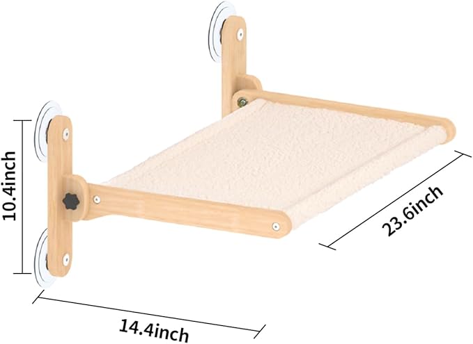 LuLu's World Cat Window Perch for Large Cats Inside - Foldable Solid Wood Cat Hammock with Ultra-Thick Faux Rabbit Fur, Sturdy Window Seat Holds 40lbs, Space Saving & Washable (Natural Wood)