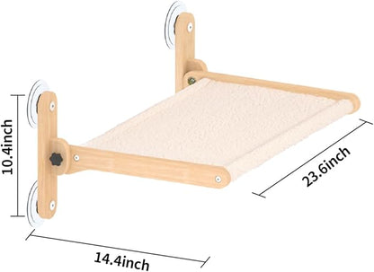 LuLu's World Cat Window Perch for Large Cats Inside - Foldable Solid Wood Cat Hammock with Ultra-Thick Faux Rabbit Fur, Sturdy Window Seat Holds 40lbs, Space Saving & Washable (Natural Wood)