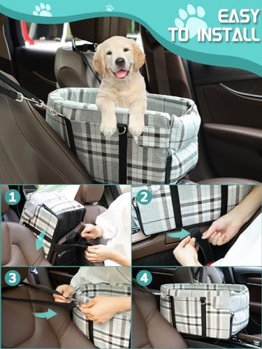 Prpeko Small Dog Car Seat, Portable Dog Seat with Soft Washable Cushion,Center Console Dog Car Seat for Small Dogs Up to 13lbs(Grid Grey) - Image 6