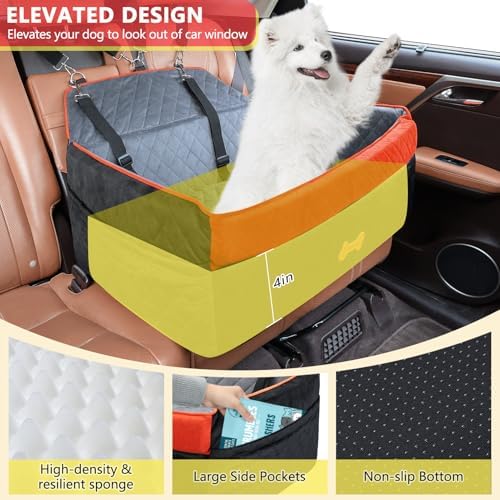 Dog Car Seat for Medium Large Dogs, Detachable Washable Dog Booster Seat with Memory Foam Cushion, Side Pockets, 2 Clip-On Safety Leashes Pet Car Seat for Dogs Up to 60 lbs-Black - Image 5