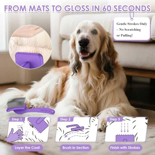 Large Dog 3 in 1 Grooming Kit, Extra Long Pin Slicker Brush Purple - Image 6