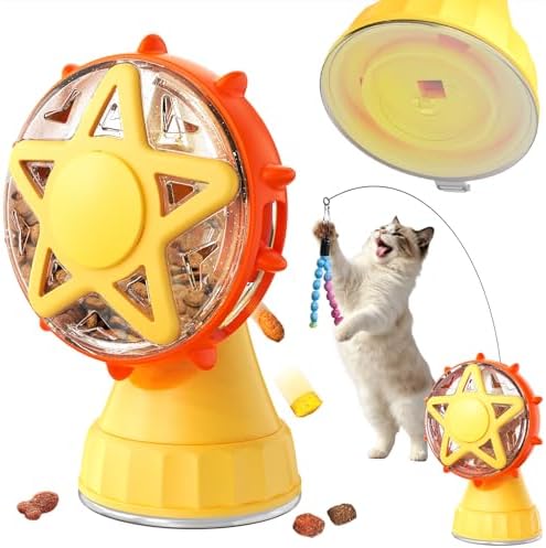 2-in-1 Interactive Cat Toy, Rotating Treat Dispenser with Strong Suction Cup & Teaser Wand, Adjustable Slow Feeder Puzzle Toy for Cats, Boredom Relief & Mental Stimulation Fits Kibble ,Treats (Yellow) by Unknown