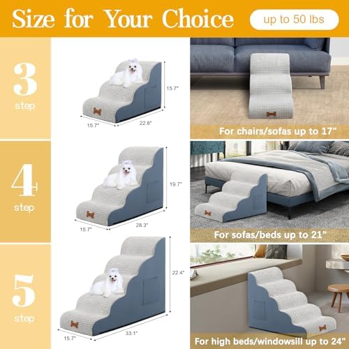 POCBLUE Dog Stairs for Small Dogs 15.7" H, Wide Pet Step for Couch/Sofas/Chairs, Curved Pet Ramps for Small Dogs & Cats with High-Density Foam and Washable Cover, 3-Step, Grey - Image 2