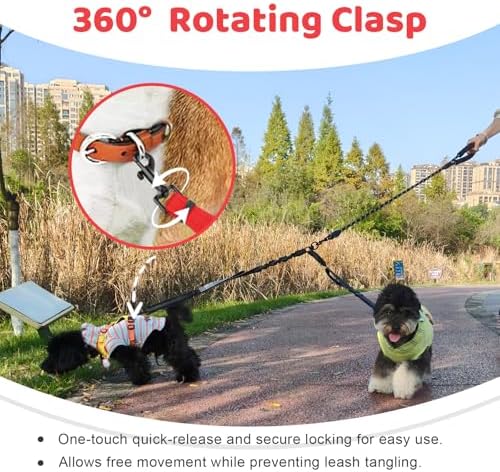 Double Dog Leash - No Tangle Splitter for Two Dogs, Coupler with Adjustable Long Lead Rope, Dual Control Handles, Retractable No Pull Bungee, Walk Train Small Medium Large 2 Pets (Red) - Image 4