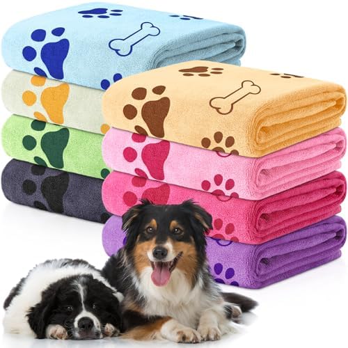 8 Pcs Dog Towel for Drying, 40 x 24 Inch, Dog Paw and Bone, Sweet Color by Chumia
