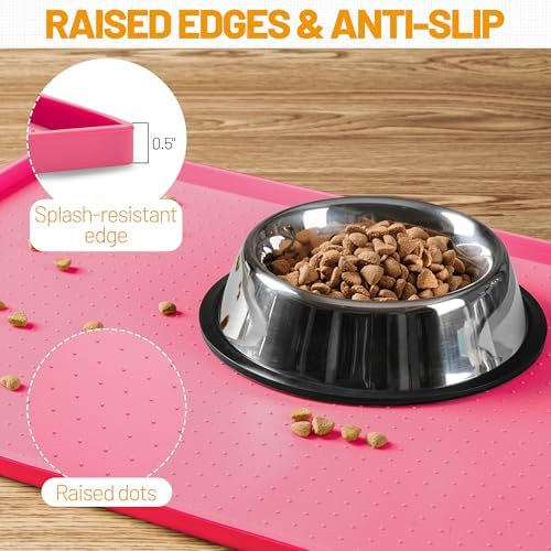Hubulk Dog Feeding Mat,100% Waterproof Food Grade Silicone Pet Food and Water Bowl Placemat,Dishwasher, High Raised Edge to Prevent Spills,Nonslip Tray to Stop Messes on Floor (24"x16"x0.5", Pink) - Image 3