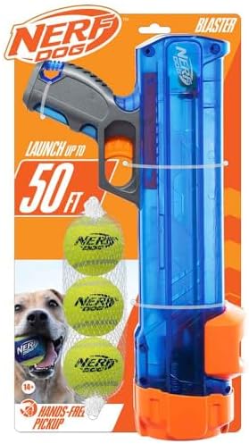 Nerf Dog Tennis Ball Blaster Dog Toy Gift Set, Tennis Ball Dog Fetch Toy Launches up to 50 ft, Dog Ball Thrower for All Breeds Includes Translucent Blue Tennis Ball Launcher and 3 Dog Tennis Balls by GramercyProductsInc