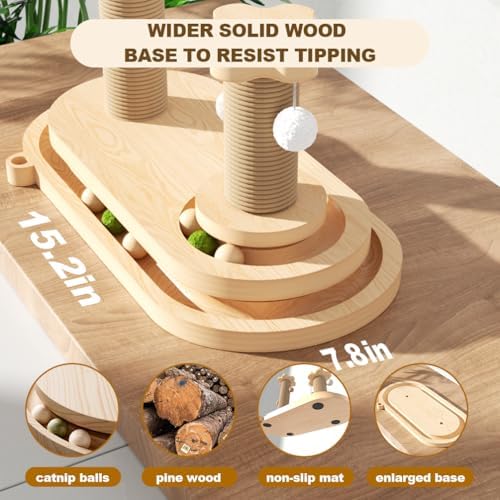 Cat Scratching Post, Sisal Cat Scratcher Post - 4-in-1 Cat Solid Wood Activity Center | Indoor Interactive Cat Toy with Trackball (Rolling), Feather Teaser, Hanging Balls & Natural Catnip Ball - Image 4