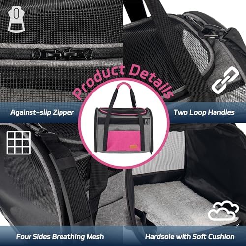 Large Cat Carrier for 20 lbs Pets - Soft Sided Breathable Mesh Travel Carrier, Airline Approved, Washable for Small Dogs Puppies, Foldable, Pink - Image 3