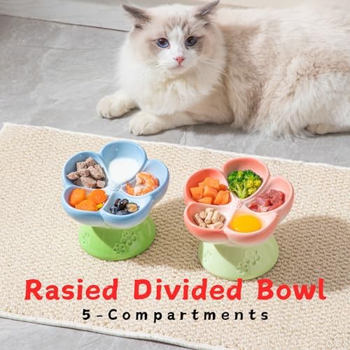 Ceramic Cat Divided Bowl Flower Shaped (5 Sections) - 4 Inch Elevated Design Cute Slow Feeder Bowl, Heavy Base, Under-Glazed Gradient Color - Separates Dry/Wet Food, Veggies, Fruits & Treats - Image 2