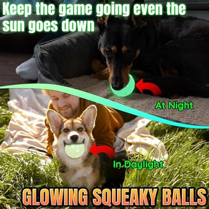LECHONG 4-Pack 2.5” Glow in The Dark Squeaky Dog Balls, Durable Glowing Bouncy Rubber Fetch Toy Balls for Small Medium Puppy Dogs Nighttime Playing Indoors and Outdoors - Image 2