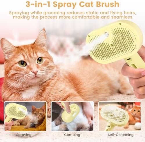 3 in 1 Cat Steam Brush, Pet Spray Hair Removal Comb for Shedding & Grooming, Water Brush for Cats Dogs Small Animals Long Short Haired with One-Click Release Button(Yellow) - Image 5