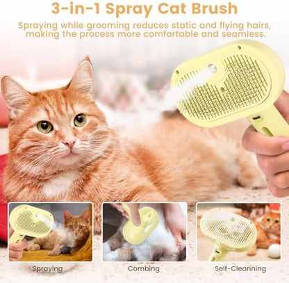 3 in 1 Cat Steam Brush, Pet Spray Hair Removal Comb for Shedding & Grooming, Water Brush for Cats Dogs Small Animals Long Short Haired with One-Click Release Button(Yellow) - Image 5