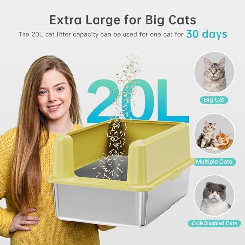 Stainless Steel Cat Litter Box, XL High Sided Open Top Litter Pan, 1 Scoop - Image 3
