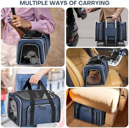 Pet Carrier, Large Soft Sided Expandable Travel Carrier with Steel Frame, Anti-Scratch Mesh, Removable Fleece Pad and Pockets for Cats, Dogs and Small Animals up to 15 lbs (Blue, 5 Sides Expandable) - Image 2