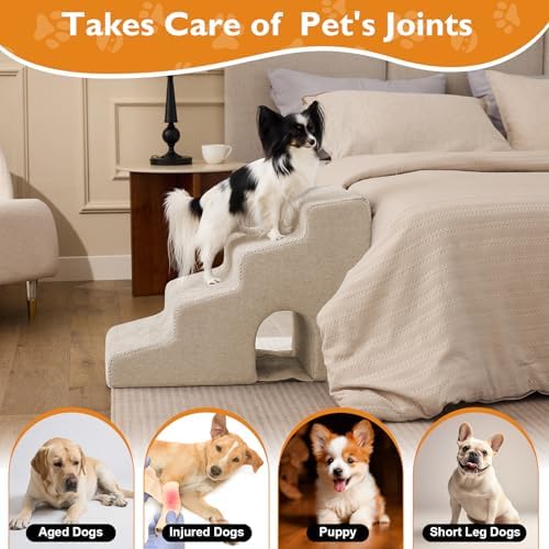 Ahpmeoa Dog Stairs for Bed 19.5’’ H, 4-Step Dog Steps for High Bed, Beige - Image 4