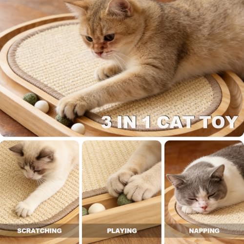 Sisal Cat Scratcher Toy, Natu sisal cat Scratching pad, Ball Track Wooden Interactive Cat Toy Ball, Catnip Ball, for Cats Chasing, Hunting, Mental Physical Exercise Puzzle - Image 2