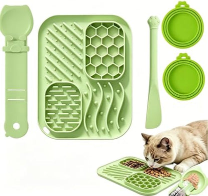 AZY 3-Piece Slow Feeder Cat Bowl and Lick Mat Set – Silicone Cat Treat Spoon & Feeding Mat for Wet Food, Enrichment and Slow Eating (Green) by Unknown