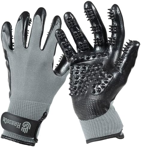H HANDSON Pet Grooming Gloves - Patented #1 Ranked, Award Winning Shedding, Bathing, & Hair Remover Gloves - Gentle Brush for Cats, Dogs, and Horses (Grey, X-Large) by HandsOnPatentedOriginalGroomingBathingGloves