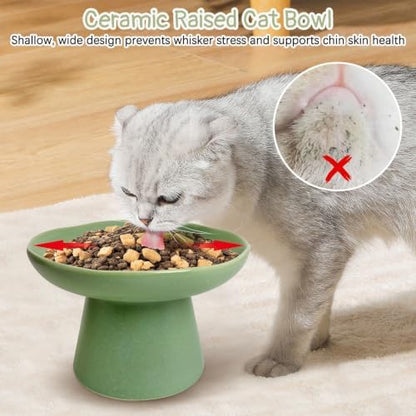 VCEPJH Raised Cat Food Bowls Shallow Cat Plate Ceramic Elevated Cats Dish 6.1in Flat Anti Whisker Fatigue Wide Pet Food & Water Feeder for Indoor Kitty Kitten (Green) - Image 5