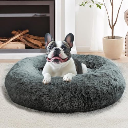 JOLLYVOGUE Calming Dog Beds Large Sized Dog, 36in Donut Washable Large Pet Bed, Anti-Slip & Anti-Anxiety Fluffy Faux Fur Round Dogs Bed, Fits up to 80 lbs Pets (Navy Grey) by JOLLYVOGUE