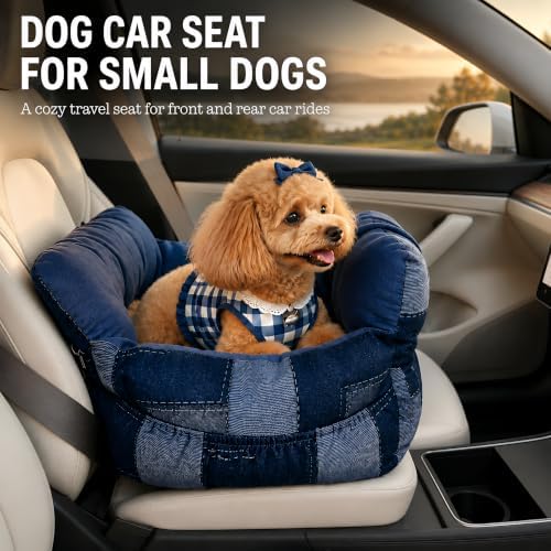 Denim Dog Car Seat for Small Dogs Up to 16 lbs, Thick Cushioned Puppy Booster Seat with Raised Sides, Plush Interior, Tether Clip, Nonslip Bottom, Adjustable Straps for Front & Rear Car Seats - Image 2