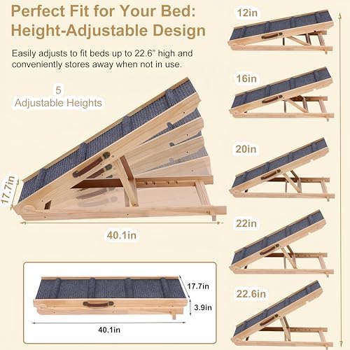 Foldable Wooden Dog Ramp Wooden Dog Ramp for Bed-5 Adjustable Heights - Image 3