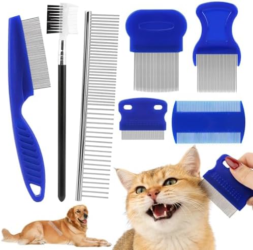 7PCS Flea Comb, Lice Comb, Double Sided Tick Removal Tool, Dematting Brush for Small, Medium & Large Pets Tainless Steel Grooming Combs, Professional Pet Grooming Kit (Blue) by Unknown