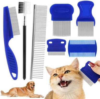 7PCS Flea Comb, Lice Comb, Double Sided Tick Removal Tool, Dematting Brush for Small, Medium & Large Pets Tainless Steel Grooming Combs, Professional Pet Grooming Kit (Blue) by Unknown
