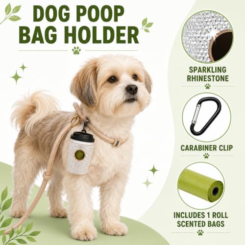Diamond Rhinestone Coffee Cup Dog Poop Bag Holder for Leashes Leak Proof Trash Bag Dispenser with Carabiner Includes 15 Scented Dog Waste Bags Pet Walking Accessories for Cats Litter Gift - Image 2
