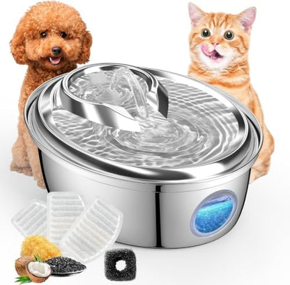 ORSDA Stainless Steel Cat Water Fountain, Automatic Pet Water Fountain, 100oz/3L Drinking Fountain Dog Water Dispenser with Water Level Window- 3 Filters +1 Pump Sponges(D66) by ORSDA