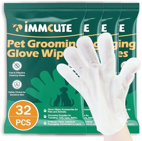 32 PCS Unscented Extra Thick Pet Bathing Wipes for Dogs & Cats, Dog Wipes Washing Gloves, Cleaning & Deodorizing Grooming Gloves for Daily Care and Traveling with EDI Water, Glycerin, Aloe Extract by IMMCUTE